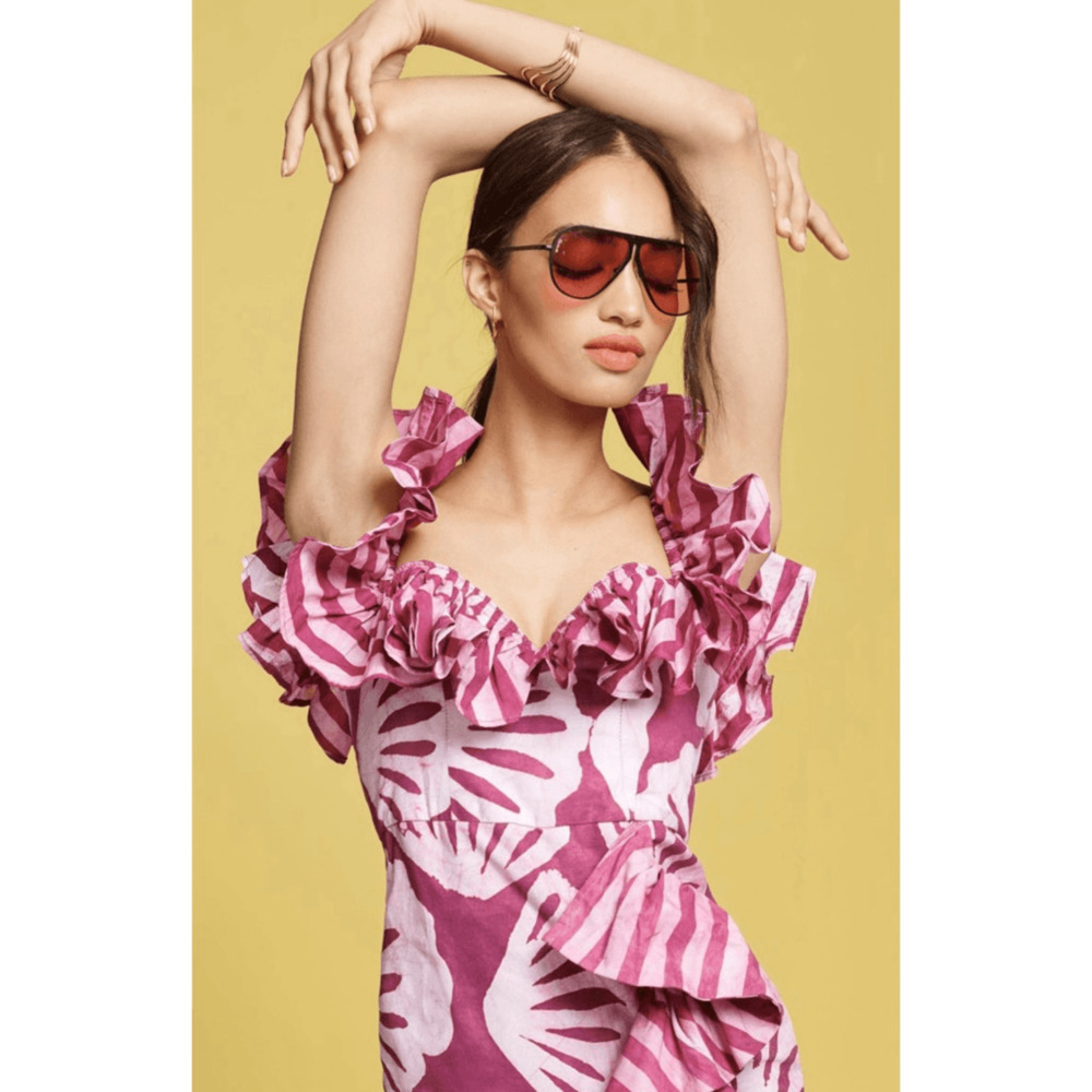 Anthropologie Sika Womens Off the shoulder Ruffle Midi Dress Size 4 Tropical - Picture 3 of 16